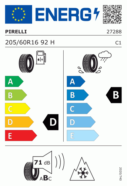 Etiqueta europea 595454 Pirelli 205/60 R16